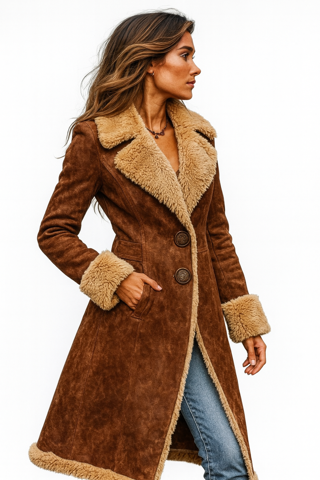 Long Vintage Inspired Coat with Synthetic Fur