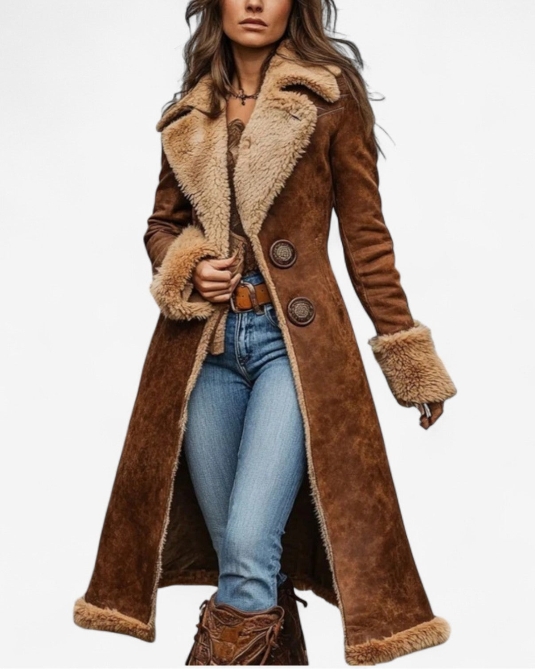 Long Vintage Inspired Coat with Synthetic Fur